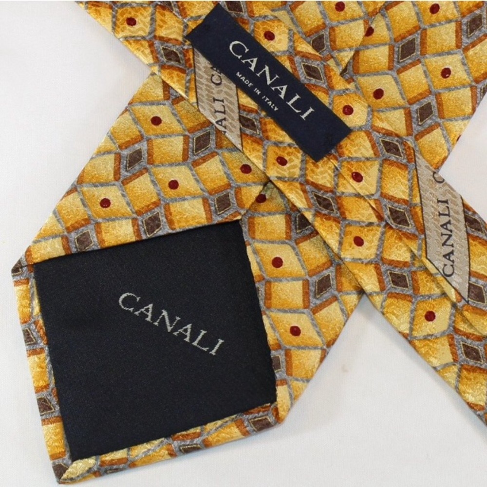 Canali Silk Tie Gold w Red & Gray, Made in Italy